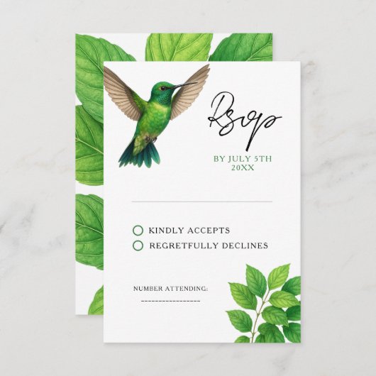 グリーンハミングバードリーフ縁どボタ結婚ン 出欠カード (正面/裏面)