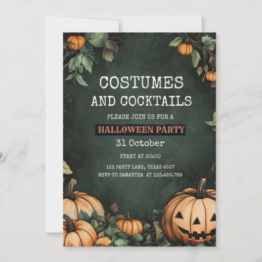 グリーンハローウィンパーティ招待状とカボチャ シーズンカード (正面)