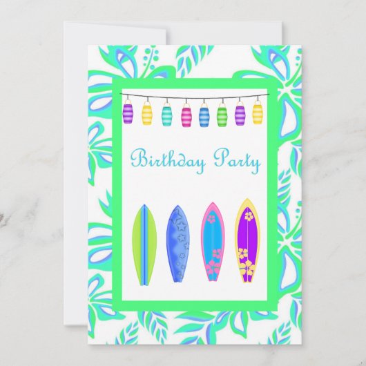グリーンハワイアンパーティの招待状サーフボード 招待状 (正面)