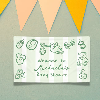 グリーンハンドドローンドゥードルベイビーシャワーのおしゃれな歓迎バナー 横断幕