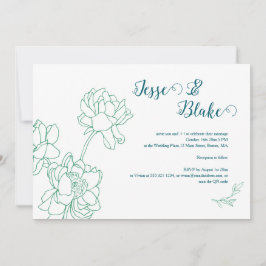 グリーンハンドドローンピオニー花のウェディング 招待状