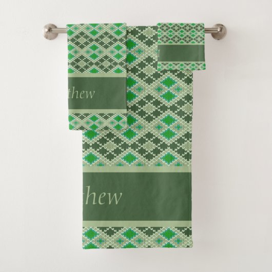 グリーンハンドニットのセーター見た目の幾何学的パターン バスタオルセット (インサイチュ)