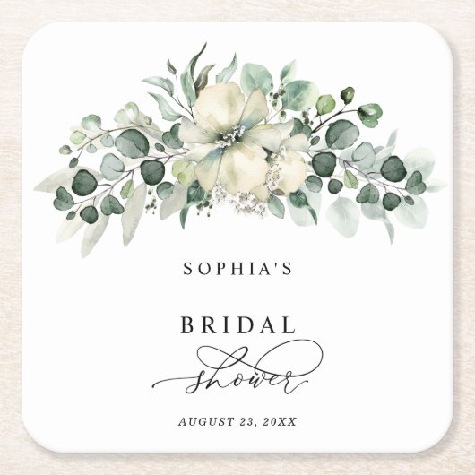 グリーンハート ユーカリ ブライダルシャワー スクエアペーパーコースター (正面)