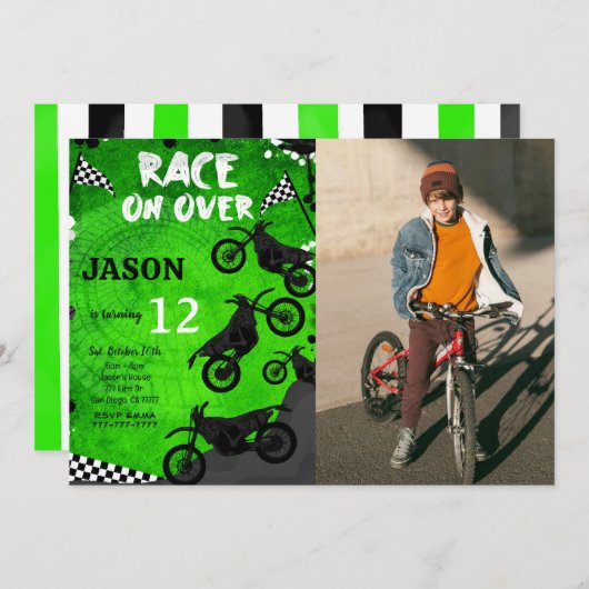 グリーンバイクの誕生日写真招待状 招待状 (正面/裏面)