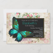 グリーンバタフライのヴィンテージ コラージュ 誕生日 招待状 (正面)