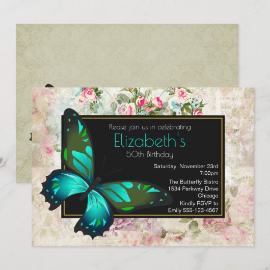 グリーンバタフライのヴィンテージ コラージュ 誕生日 招待状 (正面/裏面)