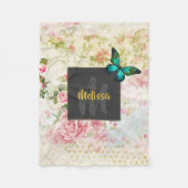 グリーンバタフライオンシックヴィンテージコラージモノグラム フリースブランケット (正面)