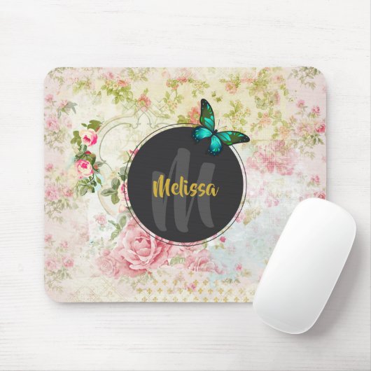 グリーンバタフライオンシックヴィンテージコラージモノグラム マウスパッド (マウス)