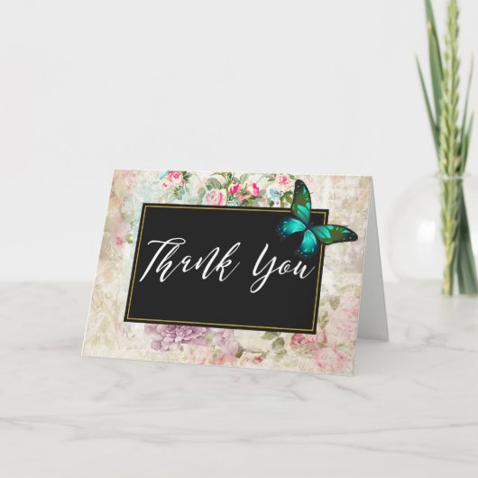 グリーンバタフライオンシックヴィンテージコラージュサンキュー サンキューカード (正面)