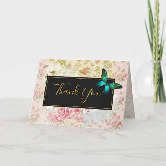 グリーンバタフライオンシックヴィンテージコラージュサンキュー サンキューカード (正面)