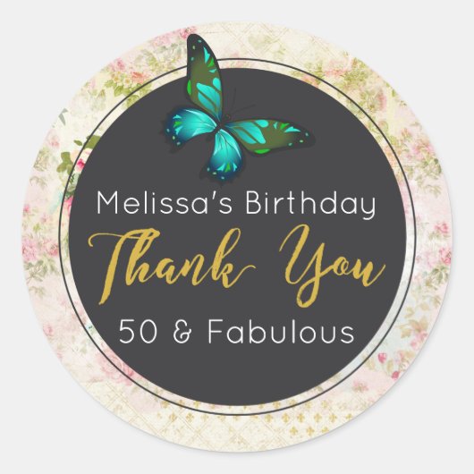 グリーンバタフライオンシックヴィンテージコラージュサンキュー ラウンドシール (正面)