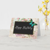 グリーンバタフライオンシックヴィンテージコラージュ誕生日 カード (黄色い花)