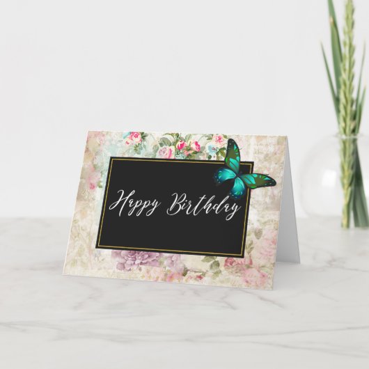 グリーンバタフライオンシックヴィンテージコラージュ誕生日 カード (正面)