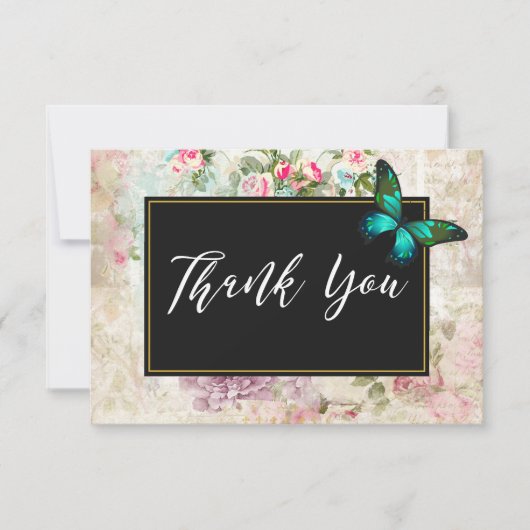 グリーンバタフライオンピンクローズコラージュ サンキューカード (正面)
