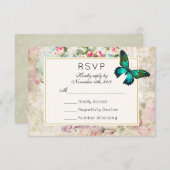グリーンバタフライオンヴィンテージコラージウェディングRSVP 出欠カード (正面/裏面)