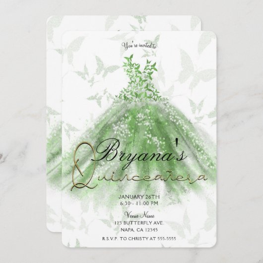 グリーンバタフライダンスドレスキンセアニラパーティー 招待状 (正面/裏面)