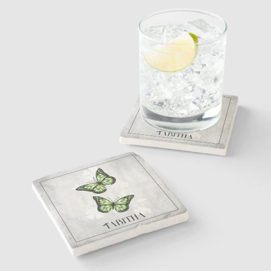 グリーンバタフライフローラパーソナライズされたストーンコースター ストーンコースター (横)