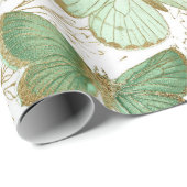 グリーンバタフライホワイトフローラフラワーブロッサム ラッピングペーパー (ロールコーナー)