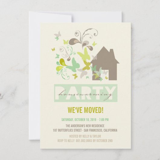 グリーンバターフライズバーストハウスウォーミングパーティー招待状 招待状 (正面)