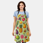 グリーンバックグラウンド果実野菜デザイン エプロン (着用した状態)