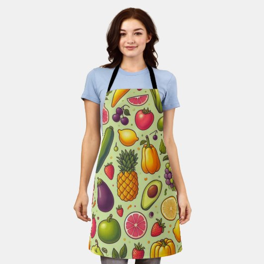 グリーンバックグラウンド果実野菜デザイン エプロン (着用した状態)