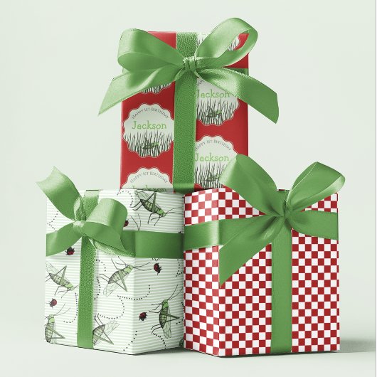 グリーンバッタ&レディバグキッズ昆虫誕生日 ラッピングペーパーシート