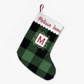 グリーンバッファローチェックエバーグリーンリースモノグラム スモールクリスマスストッキング (正面 (吊り時))