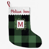 グリーンバッファローチェックエバーグリーンリースモノグラム スモールクリスマスストッキング (正面)