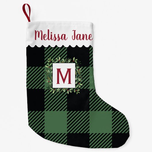 グリーンバッファローチェックエバーグリーンリースモノグラム スモールクリスマスストッキング (正面)
