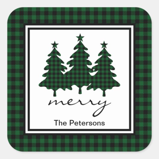 グリーンバッファローチェックパインパーソナライズされたツリー スクエアシール (正面)