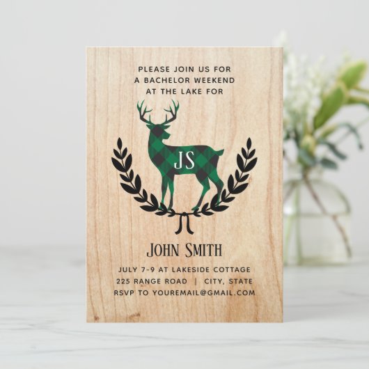 グリーンバッファロープラッドの鹿のモノグラム独身パーティー 招待状 (スタンド正面)