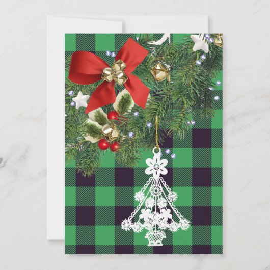 グリーンバッファロープレイドカスタムフォトクリスマスツリー シーズンカード (正面)