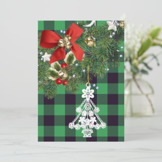 グリーンバッファロープレイドカスタムフォトクリスマスツリー シーズンカード (スタンド正面)