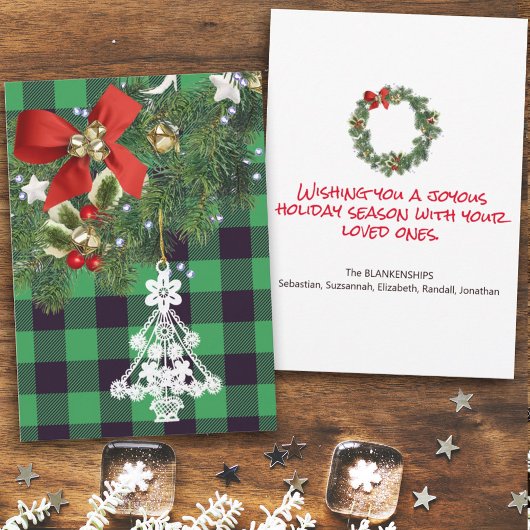 グリーンバッファロープレイドカスタムフォトクリスマスツリー シーズンカード