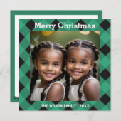 グリーンバッファロープレイドチェック写真クリスマスフラット シーズンカード (正面/裏面)