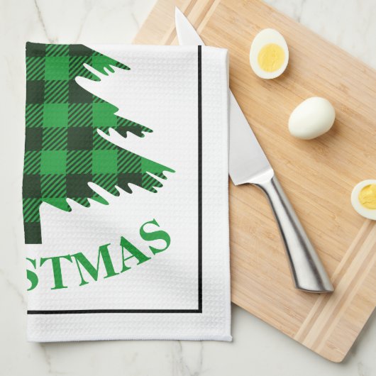 グリーンバッファロープレイドツリーファームハウスクリスマス キッチンタオル (四つ折り)