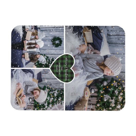 グリーンバッファロープレイドハート写真メリークリスマス マグネット (横)