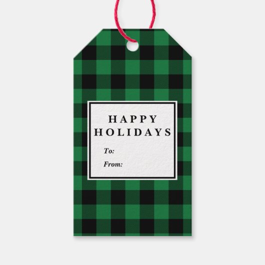 グリーンバッファロープレイドパターンクリスマス名 ギフトタグ (正面)