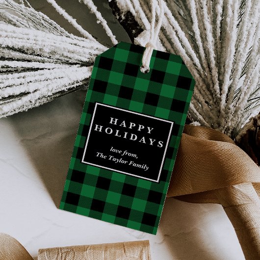 グリーンバッファロープレイドパターンクリスマス ギフトタグ