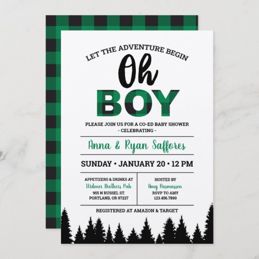 グリーンバッファロープレイドベイビーシャワー招待状オボーイ 招待状 (正面/裏面)