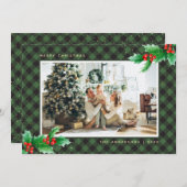 グリーンバッファロープレイドホリーフォトクリスマスカード シーズンカード (正面/裏面)