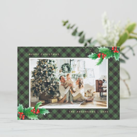 グリーンバッファロープレイドホリーフォトクリスマスカード シーズンカード (スタンド正面)