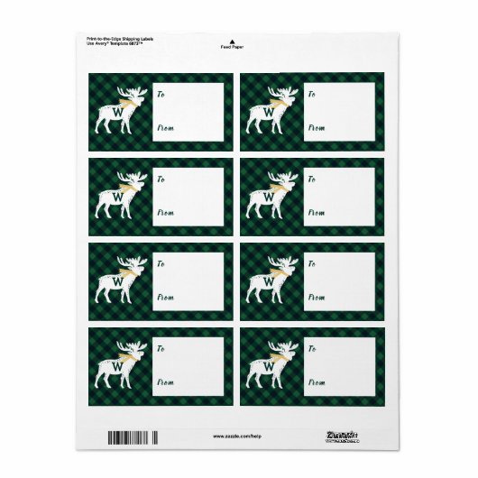 グリーンバッファロープレイドムースモノグラムクリスマス ラベル (フルシート)