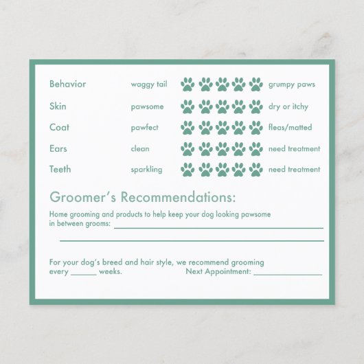 グリーンバナーシルエットドッググルーミングレポートカード (裏面)