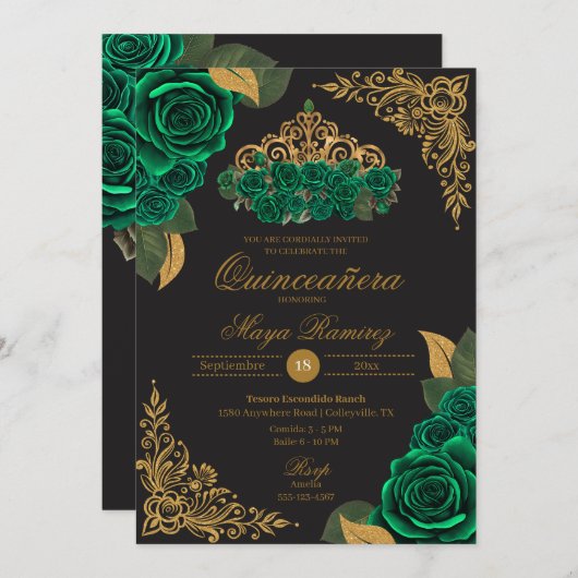 グリーンバラブラック金ゴールドグリッターティアラキンセアニラ 招待状 (正面/裏面)