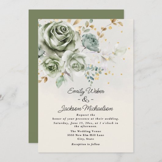 グリーンバラプーエレガントニー金ゴールド結婚グリッター 招待状 (正面/裏面)