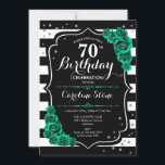 グリーンバラ白黒ストライプ70th誕生日 招待状<br><div class="desc">第70回バースデーパーティーへの招待。エレガントフローラエメラルド緑のデザインとグリッター銀とバラフェイク。白黒のとスストライプクリプトフォントを搭載。女性の日スタイリッシュお祝いに最適。どんなカスタマイズ年でもいい！印刷されたZazzle招待状または即時ダウンロードのデジタル印刷可能なテンプレート。</div>