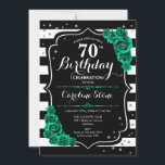 グリーンバラ白黒ストライプ70th誕生日 招待状<br><div class="desc">第70回バースデーパーティーへの招待。エレガントフローラエメラルド緑のデザインとグリッター銀とバラフェイク。白黒のとスストライプクリプトフォントを搭載。女性の日スタイリッシュお祝いに最適。どんなカスタマイズ年でもいい！印刷されたZazzle招待状または即時ダウンロードのデジタル印刷可能なテンプレート。</div>