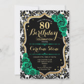 グリーンバラ金ゴールドブラックダマスク80誕生日 招待状 (正面)