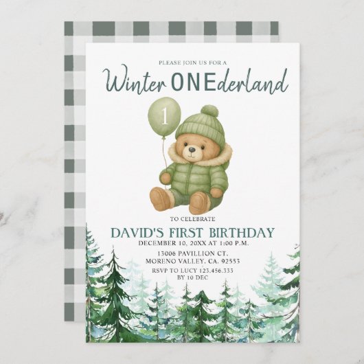 グリーンバルーンウィンターワンダーランド誕生日パーティー 招待状 (正面/裏面)